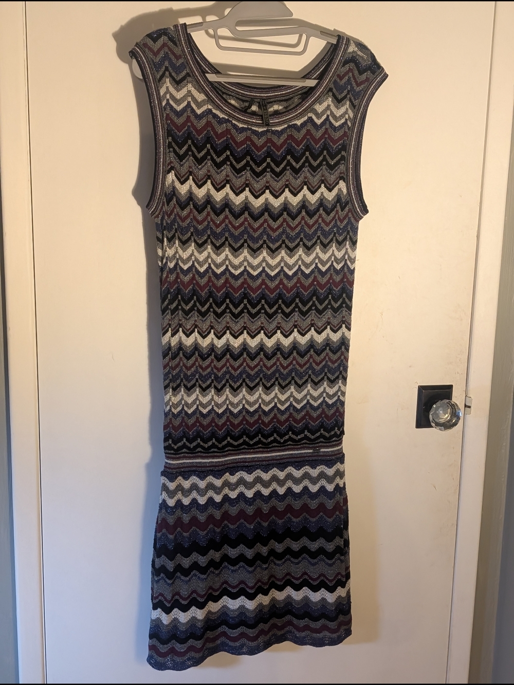 Guess Sleeveless Chevron Knit Midi Dress in Blue, Purple, White - Picture 2 of 6